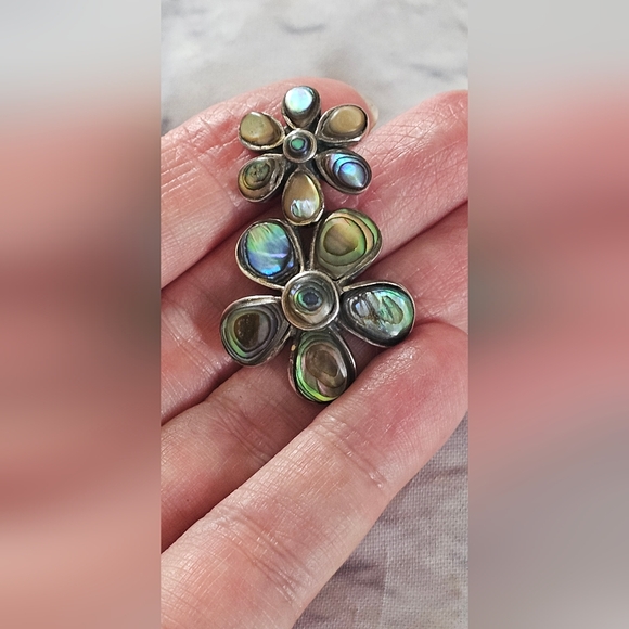 Sterling Silver 925 Avalone Flower Pendant Chunky And Beautiful - Picture 7 of 8